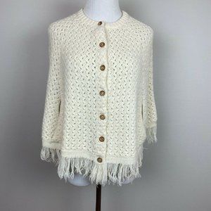 Vintage Poncho‎ Cape Sweater XS S Fringe Open Knit Button Up May Knitting Co